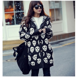 Amanda49 Stylish Ghost Patterns Single-Breasted Black Long Sleeves Acrylic Hood Coat For Women