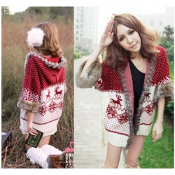 Amanda49 Sweety and Charming Rough Selvedge Christmas Deer Dots Patterns Red Long Sleeves Acrylic+Fibre Hair Hood Coat For Women