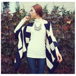 Amanda49 Elegant and Slim Stripes Frills Irregularity Hem Royal Blue Acrylic Coat For Women