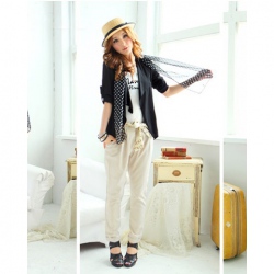 Amanda49 Lovely and Unique Style Dot Pattern Bandage Decorated Cuff Hem Coat For Female
