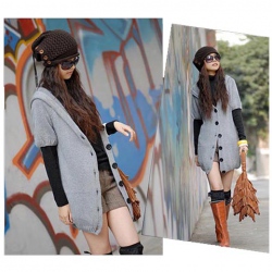 Amanda49 Charming and Concise Deep V-Neck Single-Breasted Short Puff Sleeves Hood Coat For Women