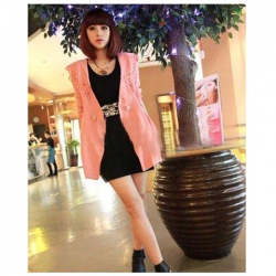 Amanda49 Fashionable Special Openwork Collar Waisted Long Pink Sleeves Soft Hemp Coat For Women