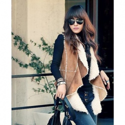 Amanda49 Fashionable Lapel Grid Design Frills Hem Khaki Sleeveless Fleeces Waistcoat For Women
