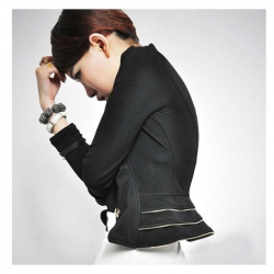 Amanda49 Slim and Elegant Lapel High Waisted Special Hem Black Long Sleeves Nylon Coat For Women