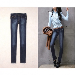 Amanda49 Elegant Low Waist Double Line Embellished Pocket Blue Feet Jeans For Women