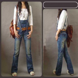 Amanda49 Slim Frills Letter Printed Dark Blue Jeans Overalls For Women