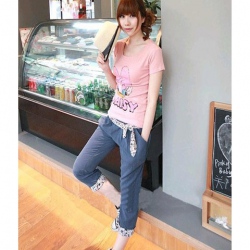 Amanda49 Slim and Casual Flowers Pattern Hem Cotton Blend Fabric Trousers With Belt For Women