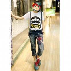 Amanda49 Stylish British Flag Print Suspender Jeans