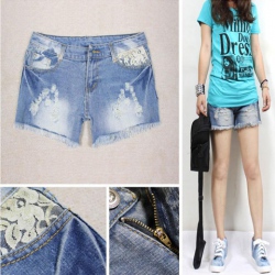 Amanda49 Fashionable Destroyed Hem Lace Embellished Pocket Short Jeans