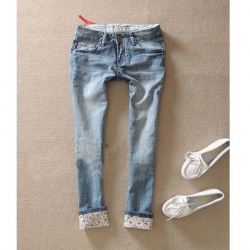 Amanda49 Cute Rubbit Printing Pocket Rolled Hem Pencil Jeans