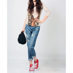 Amanda49 Stylish Korea Fashion Blue Nine Points Jeans