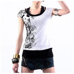 Amanda49 Special Design Cirrus Embroidery Diagonal Zipper False Skirt Black Jeans+Cotton Short Pants For Women