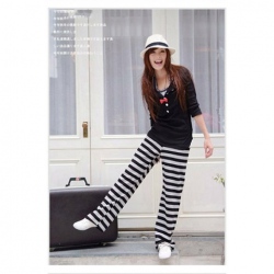 Amanda49 Fashionable and Graceful Elastic Waist Stripes Cotton Pants For Women