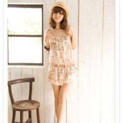 Amanda49 Korea Fashion Sweet Girl Round Neckline Floral Patterns Sleeveless Chiffon Jumpsuit