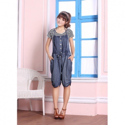 Amanda49 Laconic and Mix-Matched Dark Blue Button Embellish Jumpsuit