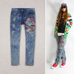 Amanda49 Hip-Hop Style Patch Embellished Embroidery Broken Hole Design Blue Jeans For Women