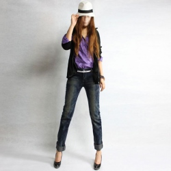 Amanda49 Exquisite Lace Embellished Low Waist Cuff Dark Blue Jeans For Women
