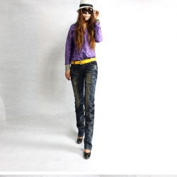 Amanda49 Leisure Scratch Patterns Rhinestone Pearl Embellished Dark Blue Jeans For Women