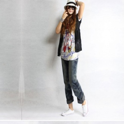 Amanda49 Exquisite Lace Embellished Waist Special Back-Pocket Dark Blue Jeans For Women