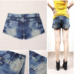 Amanda49 Mix Match Rhinestone Scratch Embellished Low Waist Layered Blue Short Jeans For Women