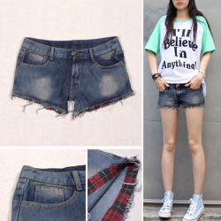 Amanda49 Leisure Rough Selvedge Embellished Grid Hem Short Blue Jeans For Women