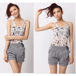 Amanda49 Elegant Elastic Waist Rivets Rose Embellished Stripes Short Cotton Lun Blended Trousers For Women