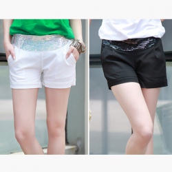 Amanda49 Fashionable High Waist Sequin Embellished Short Blending Series+Twill Trousers For Women