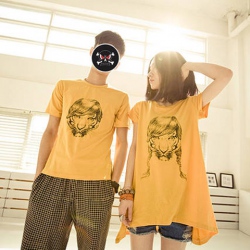 Amanda49 Comedy Tiger Patterns Round Neckline Yellow Sleeves Cotton Couple T-Shirt For Lovers