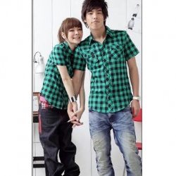 Amanda49 Fashionable and Slim Grid Style Short Sleeves Couple Blouses For Lovers