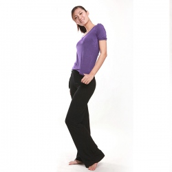 Amanda49 Fashionable Round Neckline Bow-Tie Design Back Purple Blouse and Black Trousers Yoga Clothing Dance Suit