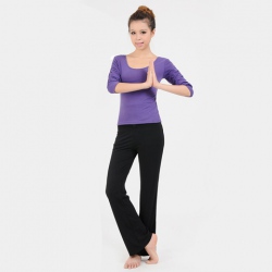 Amanda49 New Arrival Summer Fashion Top Grade Round Neckline Purple Blouse and Black Trousers Yoga Clothing