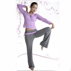 Amanda49 Special Offer Summer Fashion V-Neckline Purple Blouse and Gray Trousers Yoga Clothing Dance Suit