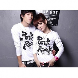 Amanda49 Fashionable Round Neckline Letter Pattern Long Sleeves Cotton Couple T-Shirt For Lovers