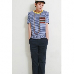 Amanda49 National Round Neckline Stripes Pocket Blue Sleeves Cotton Fabric T-Shirt For Men
