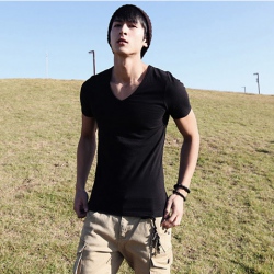 Amanda49 Popular and Slim V-Neck British Style Short Sleeves T-Shirt For Men