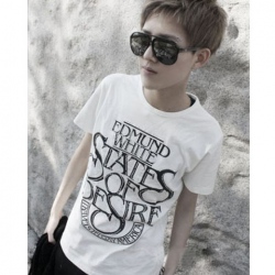 Amanda49 Fashionable Round Neckline Letter Embellished White Sleeves Cotton T-Shirt For Men