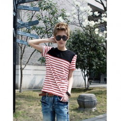 Amanda49 Comfortable Round Neckline Stripes Short Sleeves Blend Yarn T-Shirt For Men