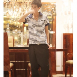 Amanda49 Fashionable V-Neck Stars Printed Stripes Short Sleeves Cotton Blouse For Men