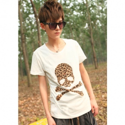 Amanda49 Special Leopard Ghost Printed Round Neckline White Sleeves Cotton Fabric T-Shirt For Men
