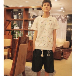 Amanda49 Popular Round Neckline Colorful Patterns White Sleeves Cotton T-Shirt For Men