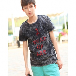 Amanda49 Stylish Round Neckline Scattered Letter Printed Black Sleeves Cotton T-Shirt For Men