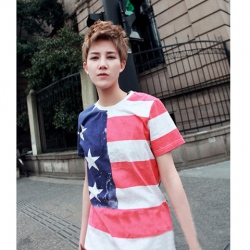 Amanda49 Fashionable Round Neckline America Style Stripes Cotton T-Shirt For Men
