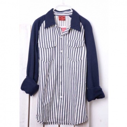 Amanda49 School Lapel Double Pocket Deign Stripes Dark Blue Long Sleeves Blouse For Men