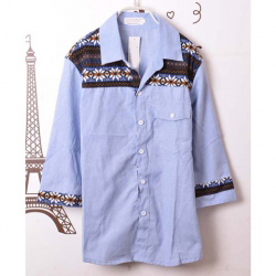 Amanda49 Refreshing Lapel Nation Patterns Hem Three Quarters Light Blue Sleeves Shirting+Knitted Fabric Shirt For Men