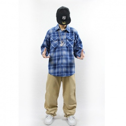 Amanda49 Spring and Autumn Fashion Hip Hop Style Front Pocket Design Turndown Collar Long Sleeve Plaid Shirt