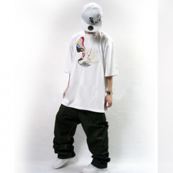 Amanda49 Hip Hop Style Street Fashion Facial Masks Embroidered Round Neckline Cotton + Ramie Short Sleeve T-Shirt