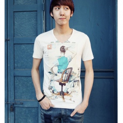 Amanda49 Funny and Slim V-Neck Pattern White Sleeves Cotton T-Shirt For Men