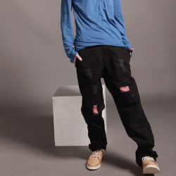 Amanda49 Fashionable Red Grid Broken Hole Style Twill Trousers For Men