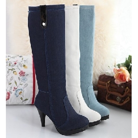 Women's Temperament Canvas Slim High-heeled Platform Knee High Boots