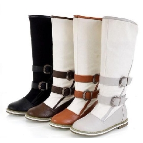 Ladies' Flat with Canvas Belt Buckle Knee High Knight Boots
